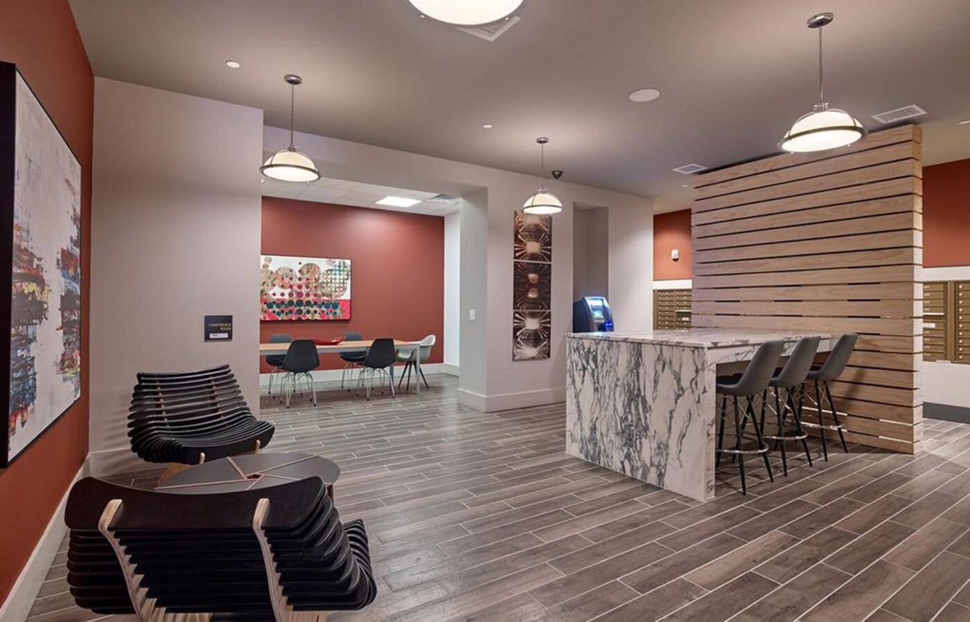 Wood look plank tile floor in a lounge